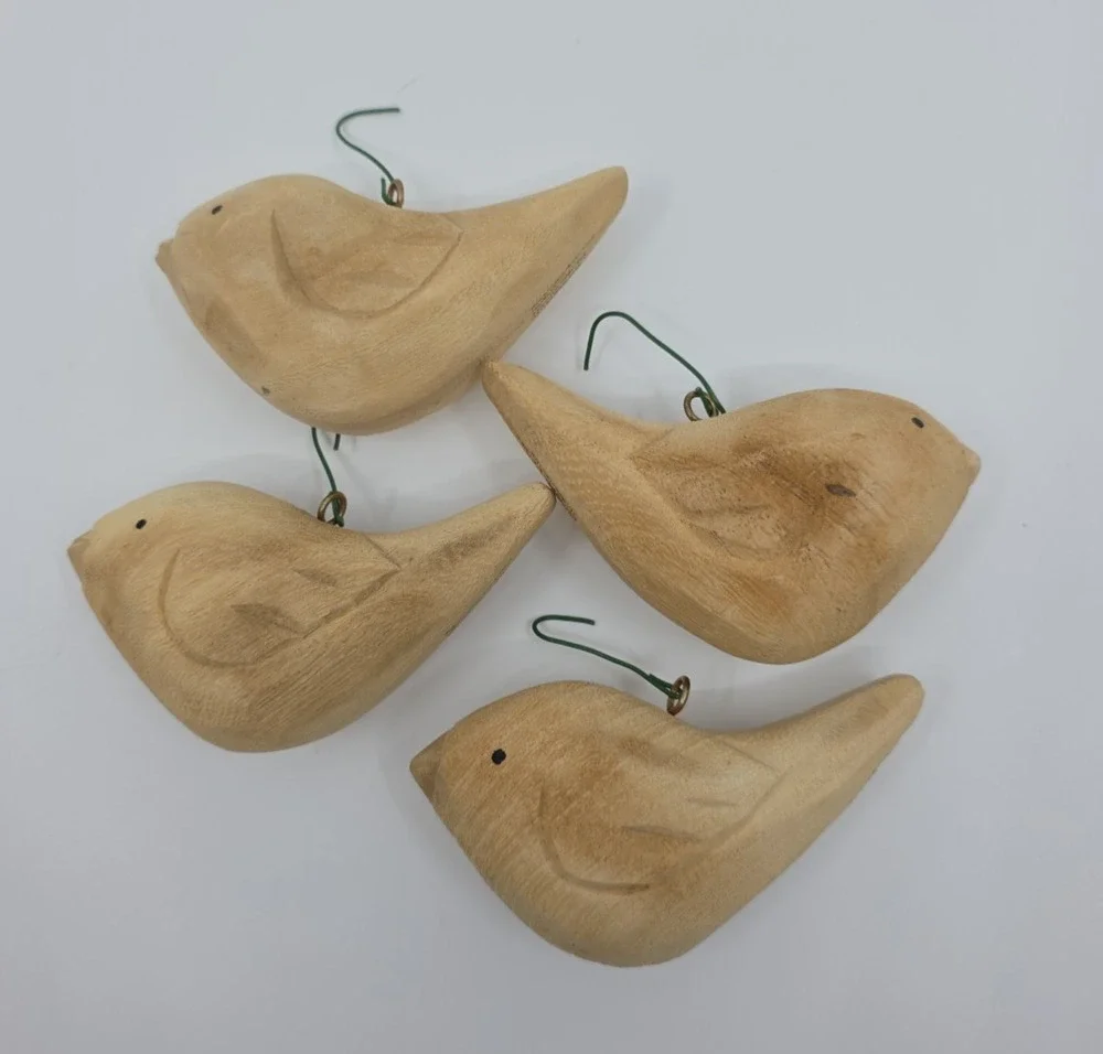 Set of 4 Handmade Vintage Rustic Wooden Partridge Bird Christmas Ornaments